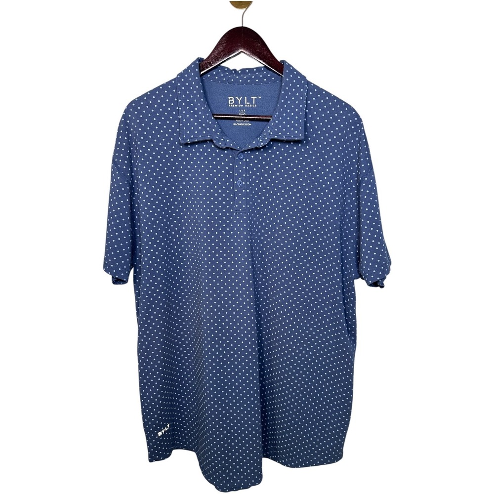 BYLT‎ Premium Basics Lux Polo Shirt Mens XXL Blue Polka Dot Short Sleeve